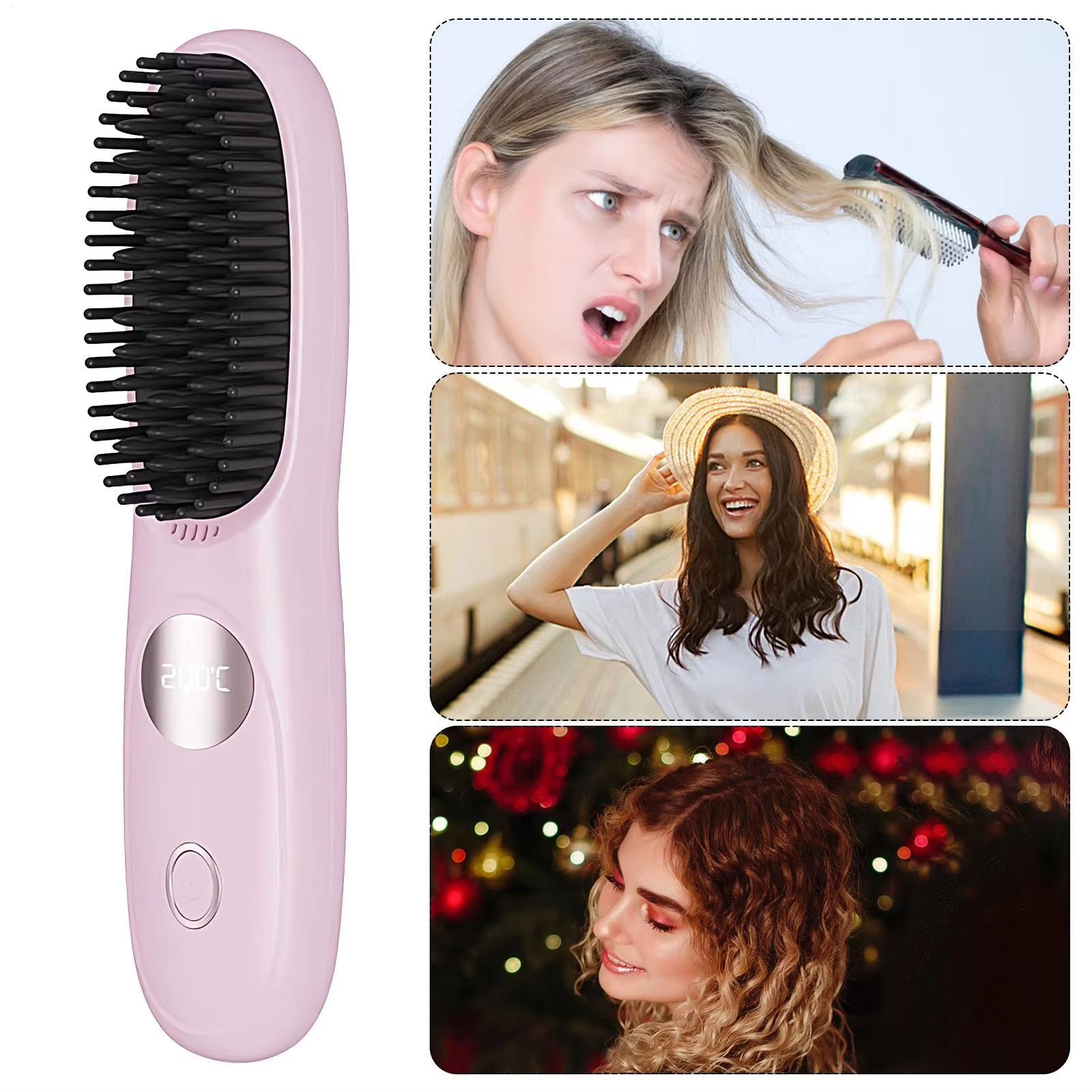USB Charging Portable Hair Straightener Brush, Cordless Straightening Comb LED Display & Ceramic Coating, Ionic Technology