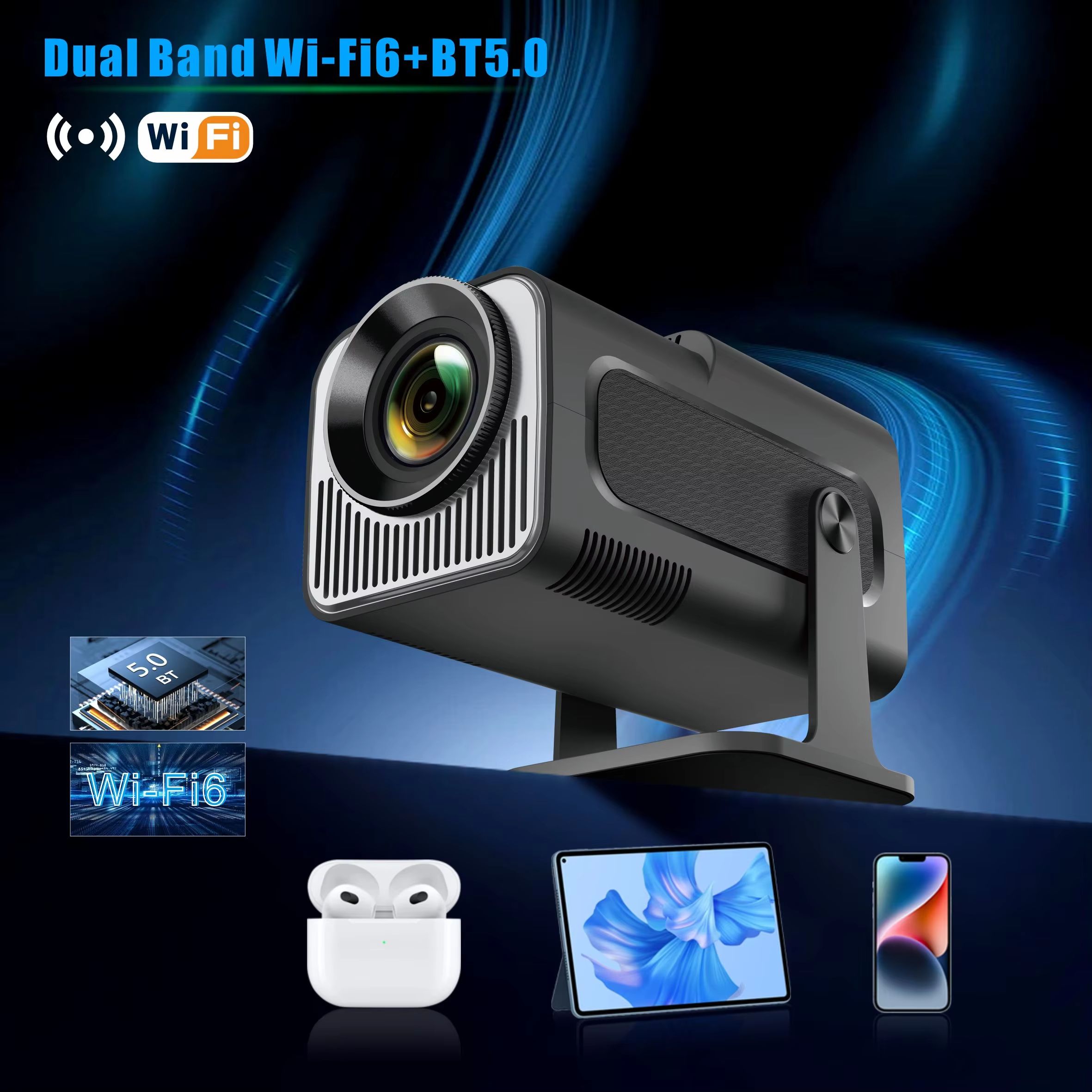 HY320 Mini Projector Native 720P Android 13 4K Projector 200ANSI Wifi6 BT5.0 Home Cinema Outdoor Portable 180° Rotable Projector