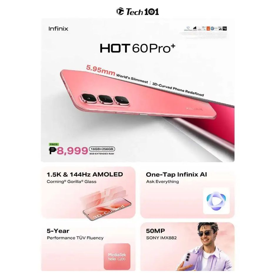 [Black Friday Offer] Infinix Hot 60 Pro 128GB+16(8+8)GB 6.78" 144Hz AMOLED Display Dual SIM 50MP+13MP Camera 5160mAh Battery 45W Fast Charge IP64 On-Screen Fingerprint Corning Gorilla AI Smartphone
