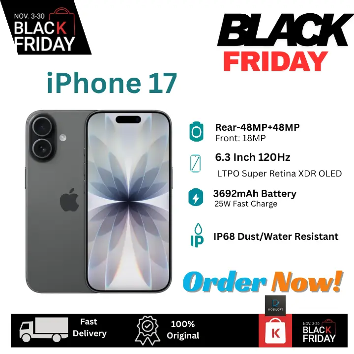 [Black Friday Discount] Apple iPhone 17 256GB+8GB 6.3" LTPO Super Retina XDR OLED 120Hz Display (48+48)MP Rear Camera iOS 26 Dual SIM/e-SIM 3692mAh Battery Face ID IP68 Rated iOS Smartphone