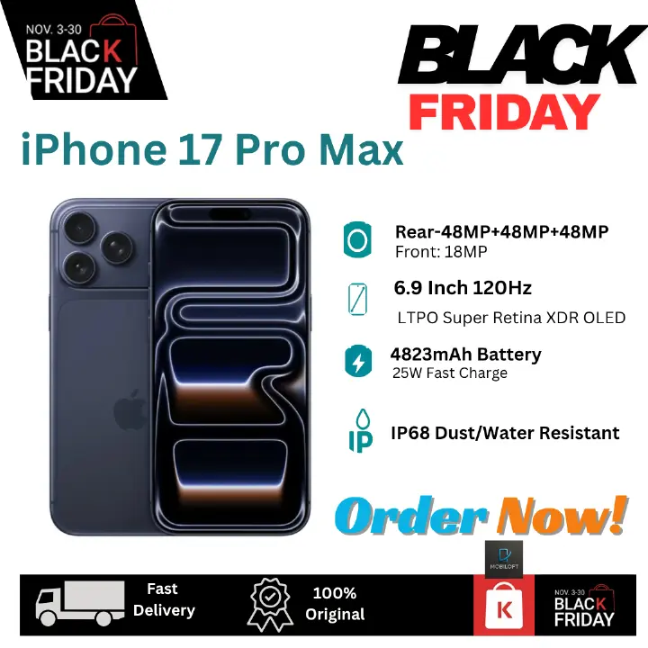 [Black Friday Discount] Apple iPhone 17 Pro Max (e-SIM/SIM) 256GB+12GB 6.9" LTPO Super Retina XDR OLED 120Hz Display (48+48+48)MP Rear Camera 4823mAh Battery Wireless Charging Face ID iOS Smartphone