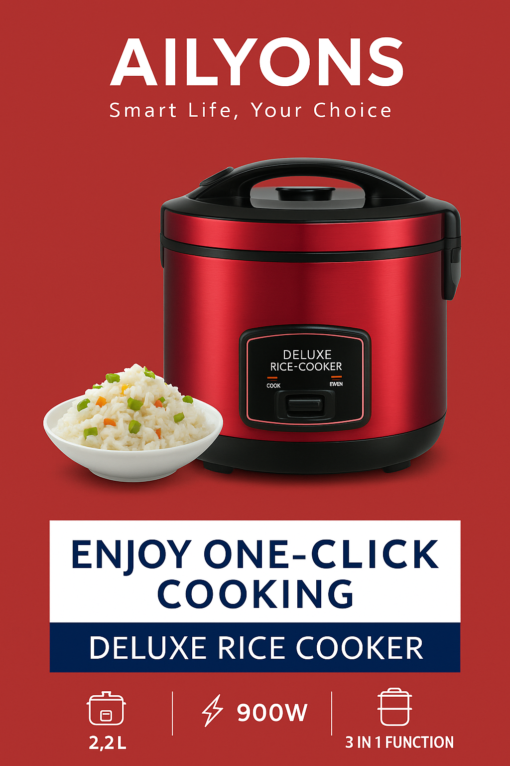 Best price for 2.2L Deluxe Rice Cooker – 900W, 3-in-1 Cooking Function ...