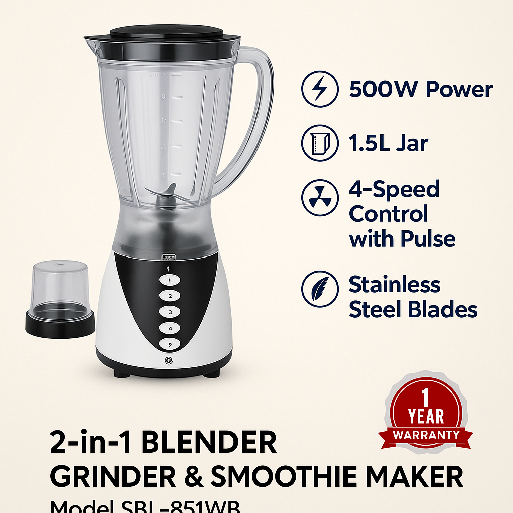 SmartPro 2-in-1 Blender, Grinder & Smoothie Maker – 1.5L Jar, 500W Power, 4-Speed Control with Pulse, Stainless Steel Blades, Durable Design, 1 Year Warranty