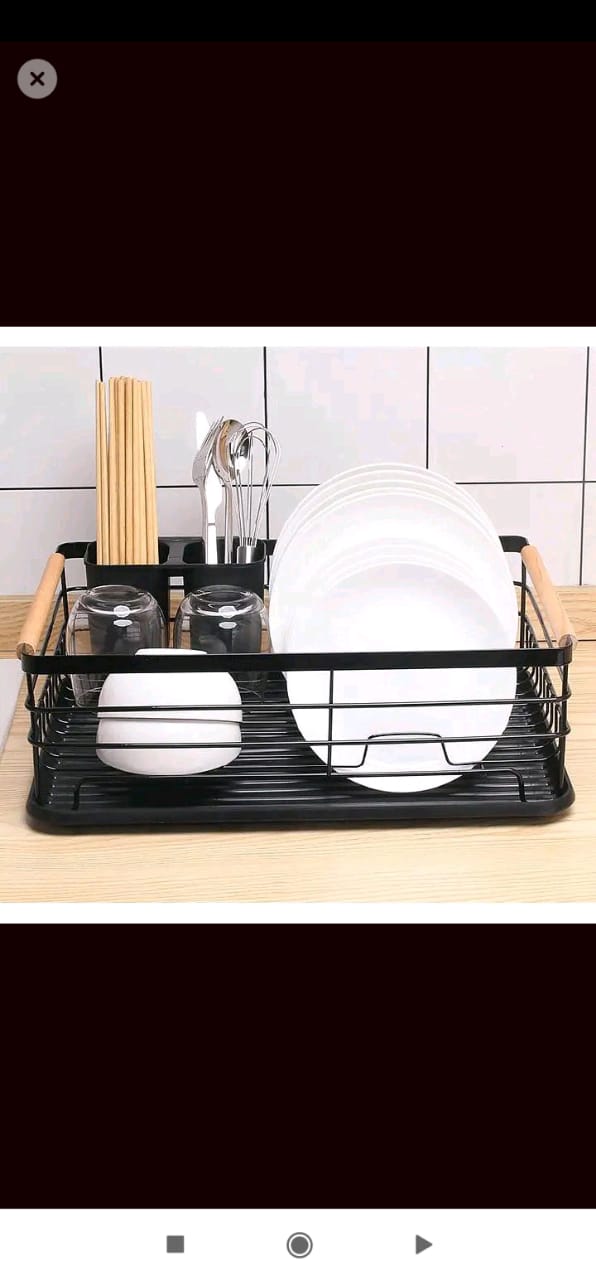Premium Black Steel Dish Drying Rack with Wooden Handles – Rust-Resistant Kitchen Organizer for Plates, Cups & Utensils | Removable Drain Tray & Cutlery Holder for Modern Countertops