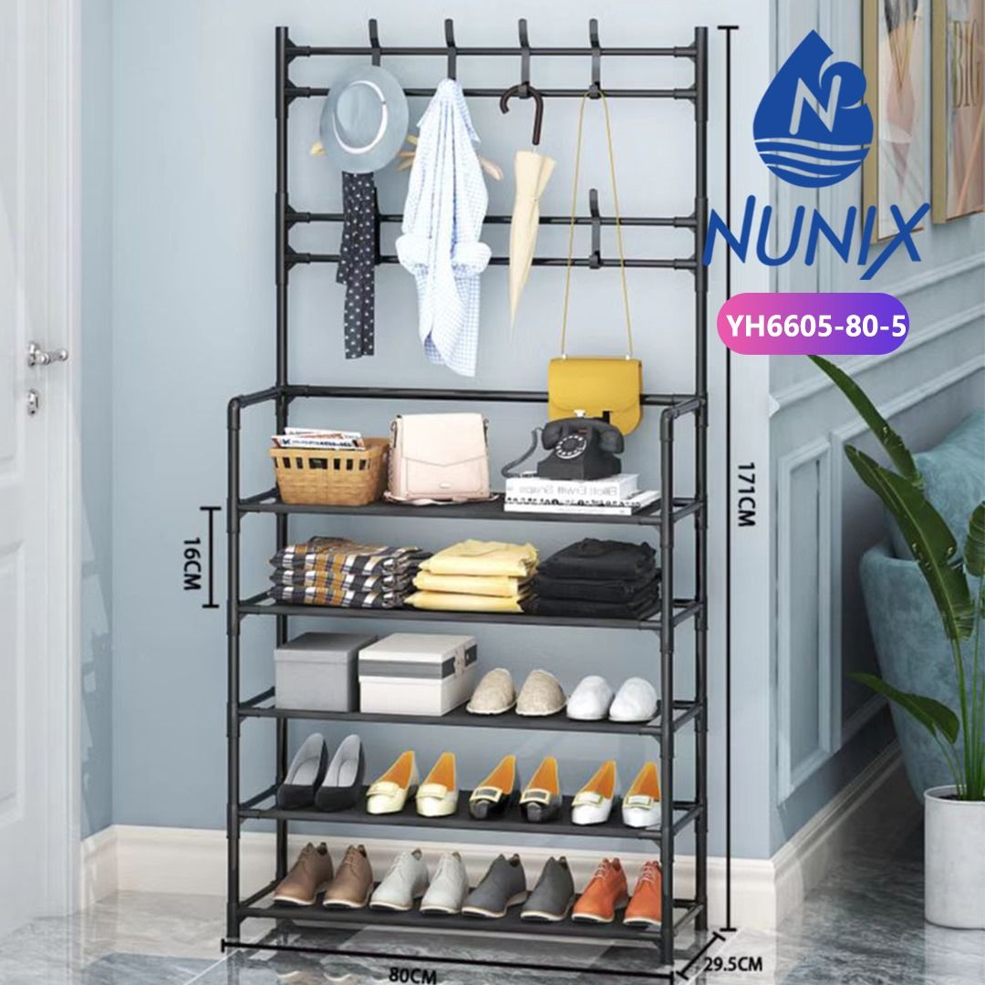 Nunix All-In-1 Shoe Rack, Coat & Hat Stand – 5-Tier Storage Organizer with Hooks for Bags, Scarves & Clothes | Space-Saving Multi-Function Rack