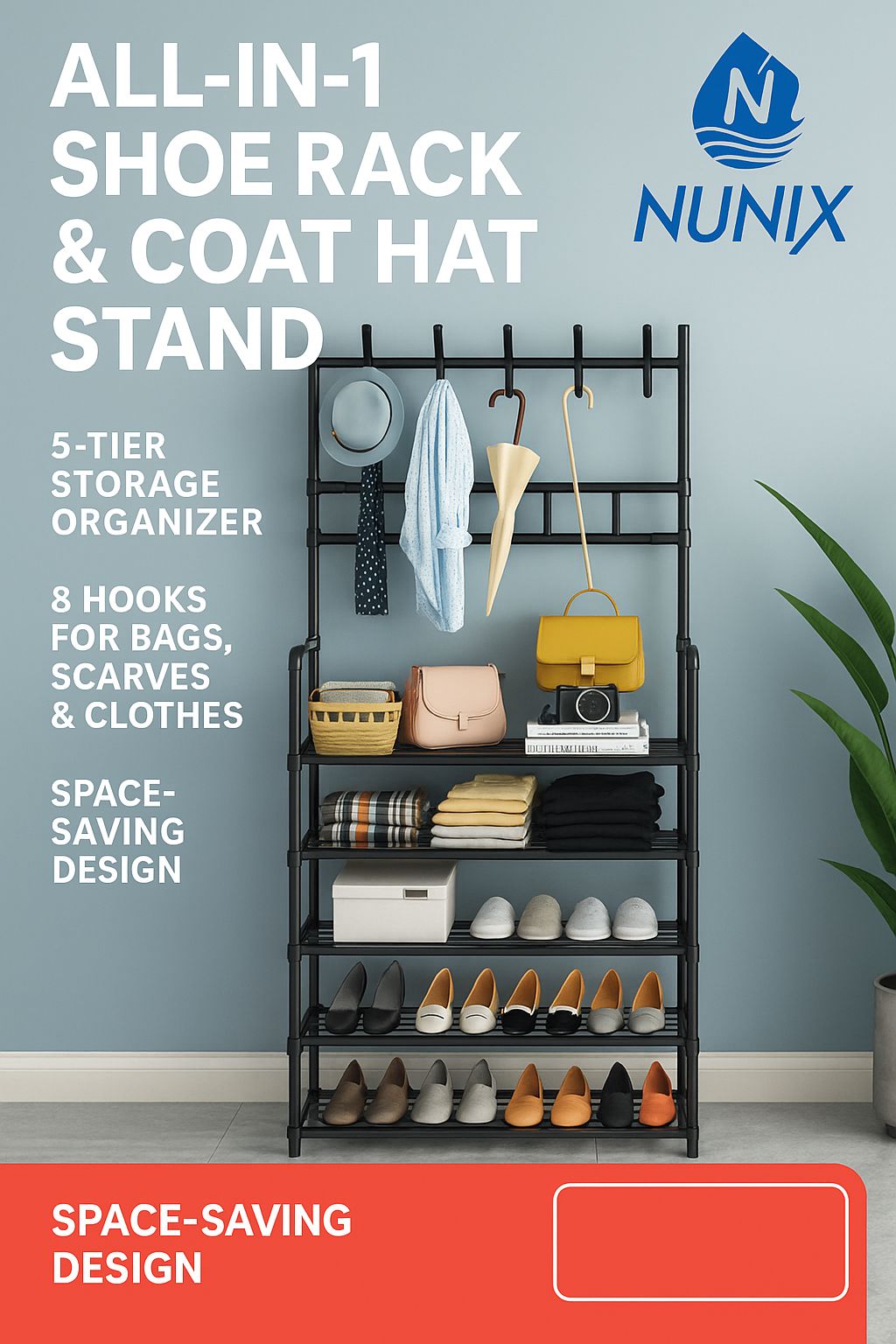 Nunix All-In-1 Shoe Rack, Coat & Hat Stand – 5-Tier Storage Organizer with Hooks for Bags, Scarves & Clothes | Space-Saving Multi-Function Rack