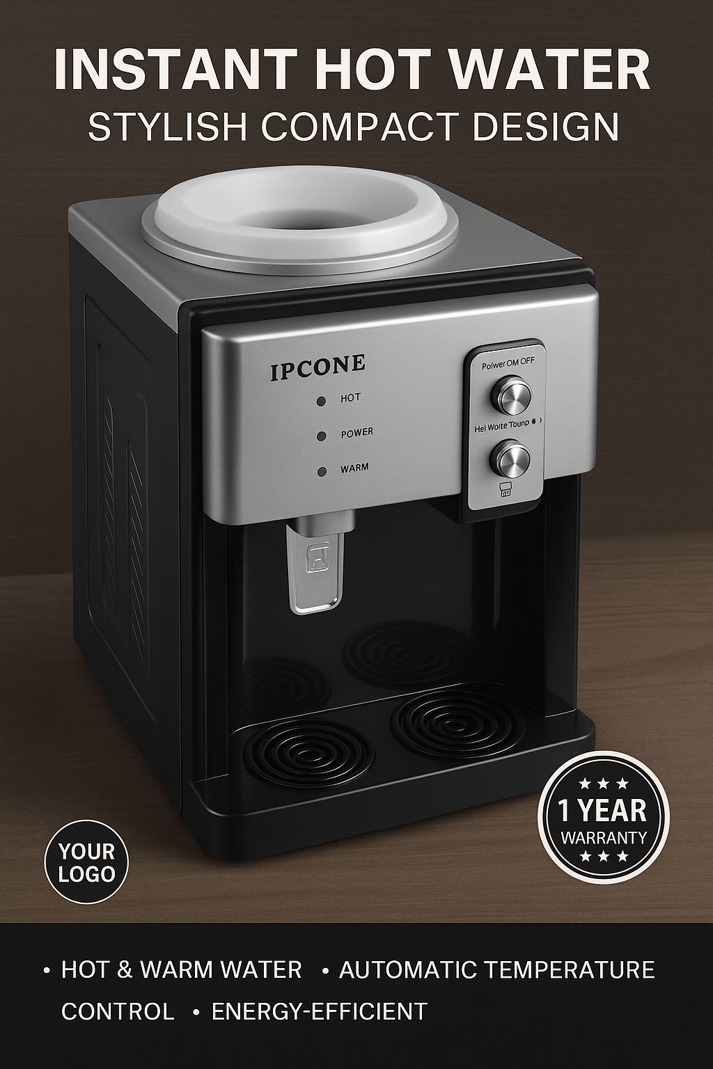 Silver IPCONE Table Top Water Dispenser | Hot & Warm Water | Compact Countertop Design | Energy-Efficient | Auto Temperature Control | Ideal for Home, Office & Business Use