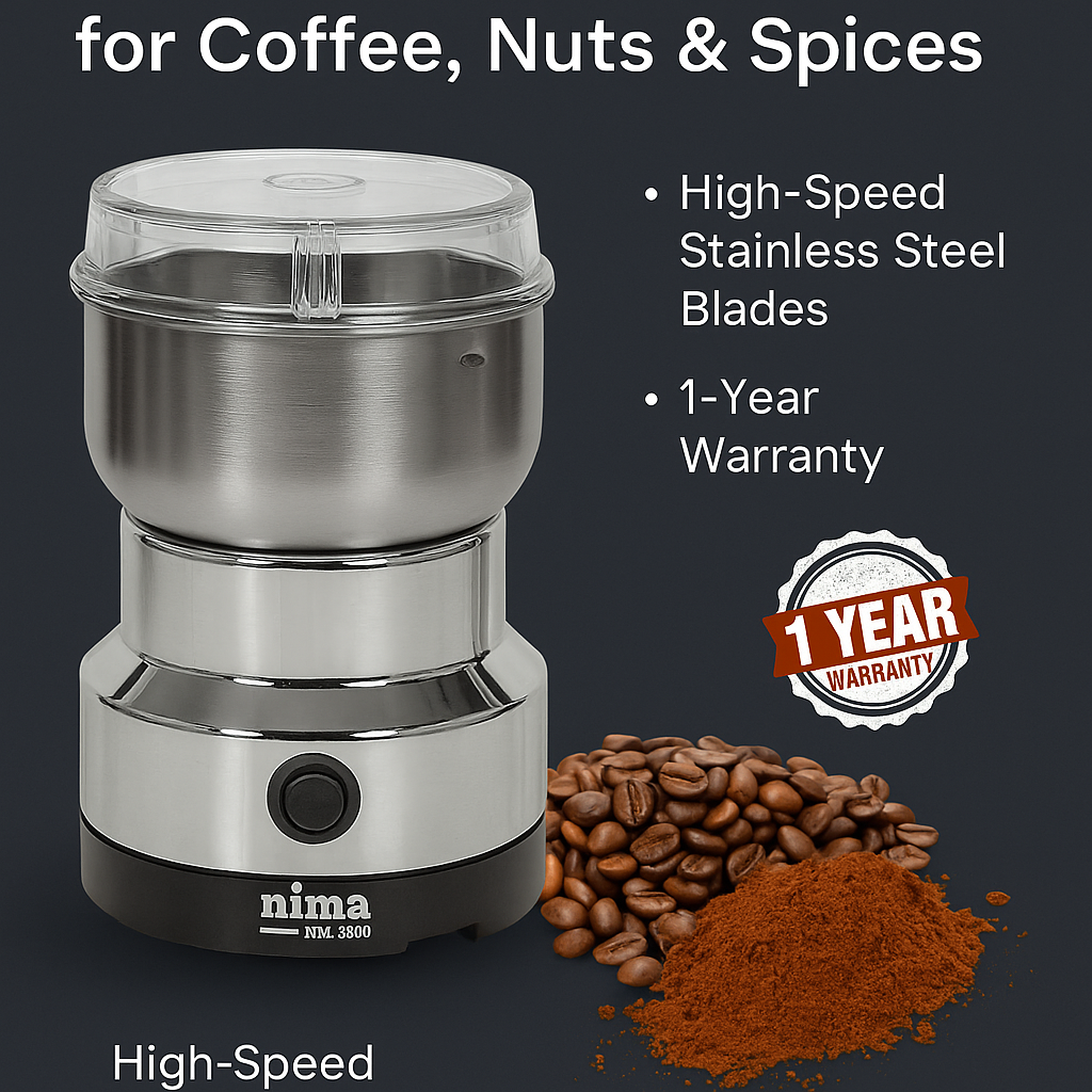 Nima NM-8300 Electric Grinder | Powerful Stainless Steel Mill | Grinds Coffee, Cereals, Nuts, and Beans | Fast & Efficient Kitchen Grinder | Compact and Durable Design