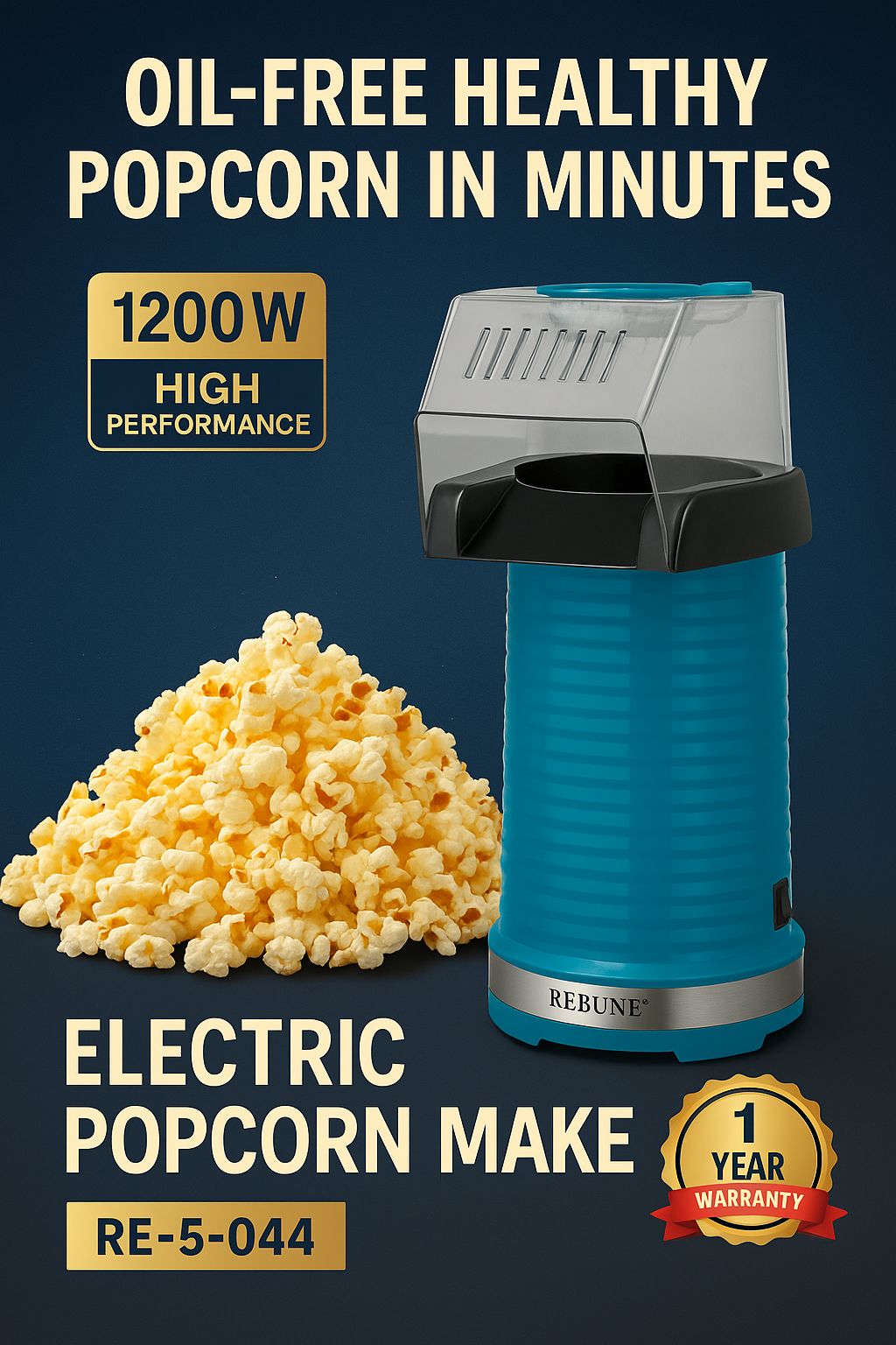 Rebune RE-5-044 Electric Popcorn Maker | 1200W Hot Air Popper | Oil-Free Healthy Popcorn | Fast Heating | Compact Design | Ideal for Home, Parties & Movie Nights