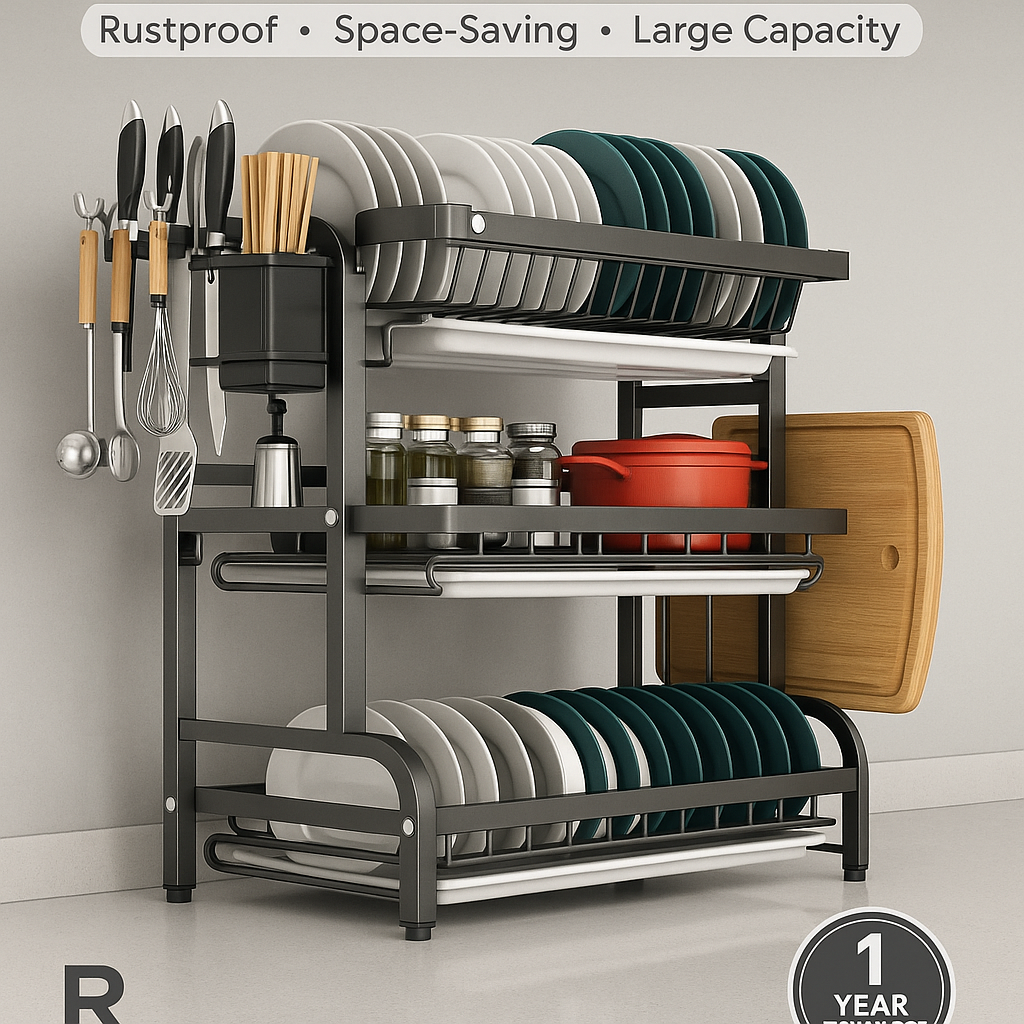 3-Tier Dish Drying Rack – Kitchen Counter Organizer with Utensil Holder, Cutting Board Stand, Glass & Plate Storage, Rust-Resistant Steel, Space-Saving Design
