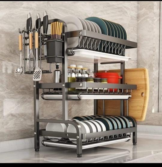 3-Tier Dish Drying Rack – Kitchen Counter Organizer with Utensil Holder, Cutting Board Stand, Glass & Plate Storage, Rust-Resistant Steel, Space-Saving Design