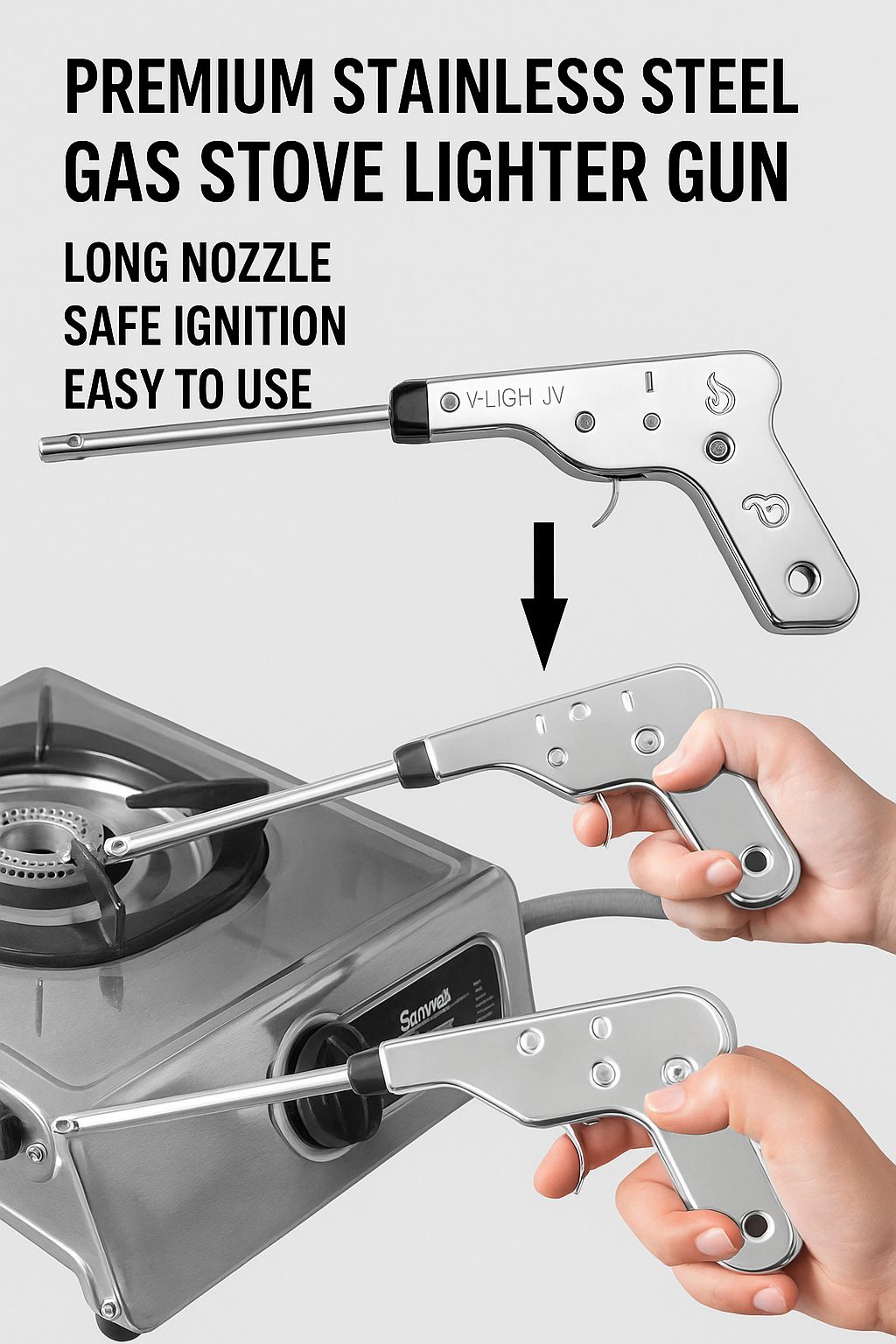 Premium Stainless Steel Gas Stove Lighter Gun with Long Nozzle | Safe Piezoelectric Ignition | Easy Trigger Spark Igniter for Kitchen Gas Cooktops & Burners – Refillable & Durable Design