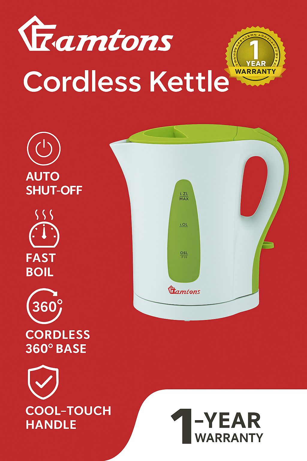 Ramtons 1.7L Cordless Electric Kettle – Fast Boil, Auto Shut-Off, Cool-Touch Handle & Water Level Indicator | Model RM/349 | 1-Year Warranty
