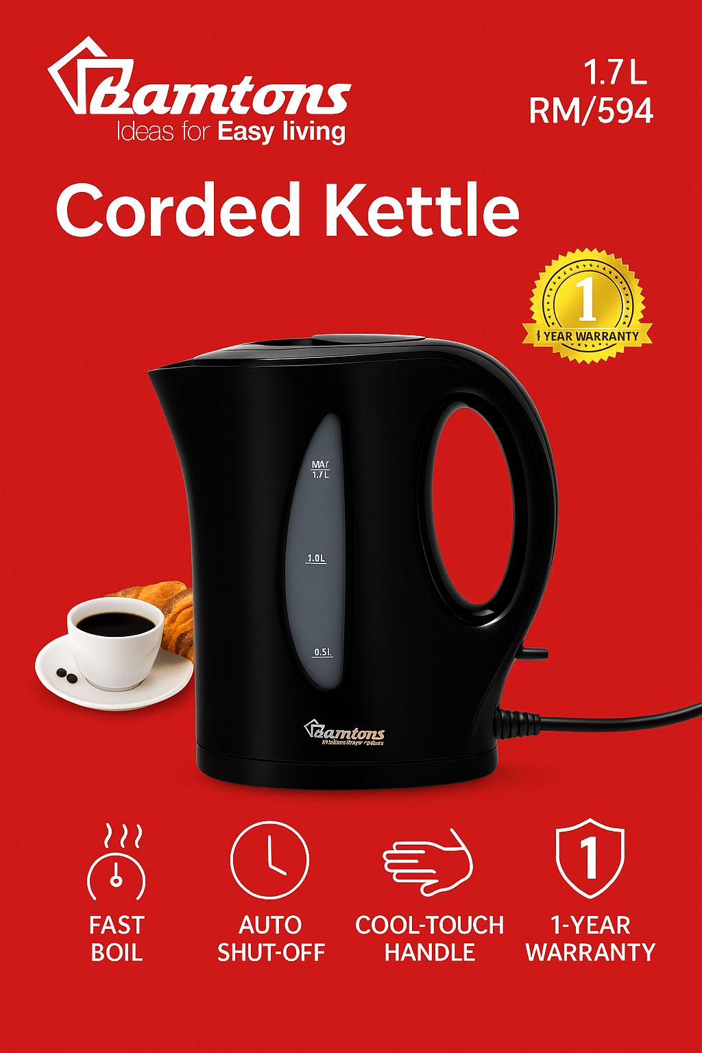 Ramtons 1.7 L Corded Electric Kettle – Fast Boil Technology, Auto Shut-Off & Boil-Dry Protection | Cool-Touch Handle | Durable Black Design | Model RM/594 | 1-Year Warranty
