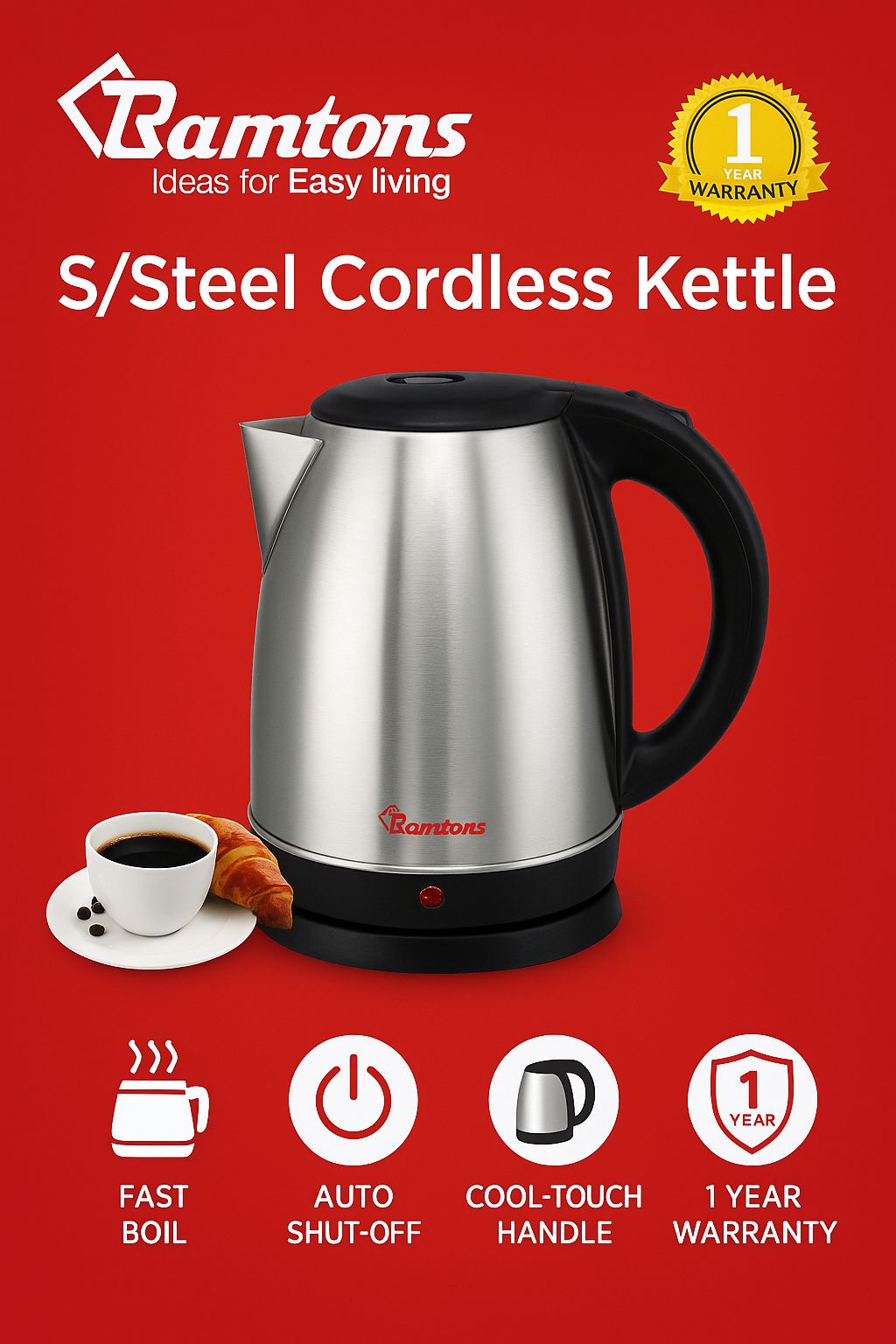 Ramtons 1.7 L Stainless Steel Cordless Electric Kettle – Fast Boil Technology, Auto Shut-Off & Boil-Dry Protection | Cool-Touch Handle | 360° Swivel Base | 1-Year Warranty
