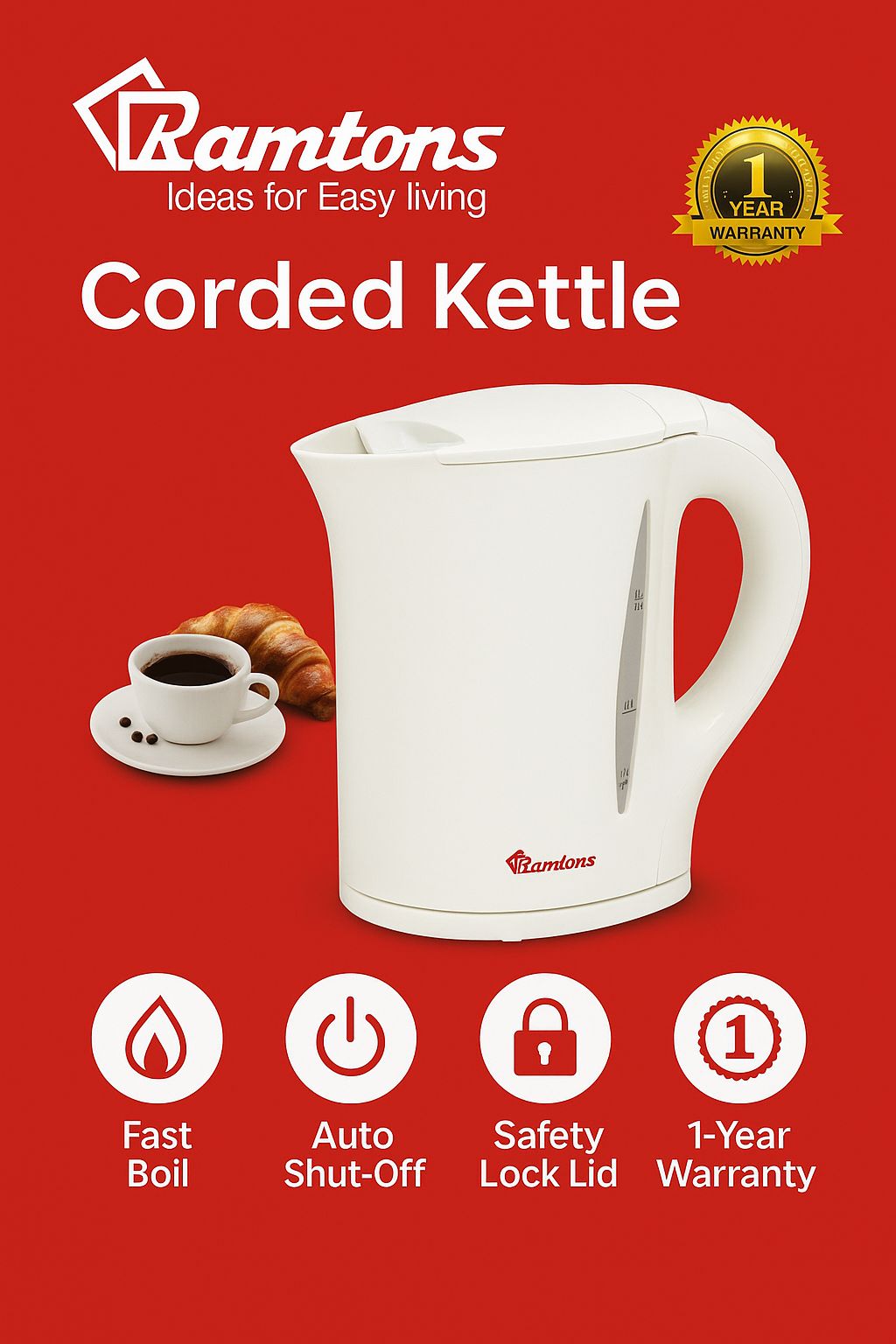 Ramtons 1.7L Corded Electric Kettle – Dual Water Gauge, Auto Shut-Off, Boil-Dry Protection, and Safety Lock Lid | Fast Boil | Non-Slip Feet | Model RM/226 | 1-Year Warranty