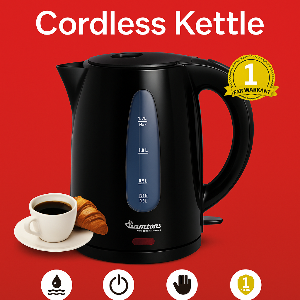 Ramtons 1.7L Cordless Electric Kettle – Sleek Black Finish, Fast Boil, Auto Shut-Off, Boil-Dry Protection & Cool-Touch Handle | Model RM/766 | 1-Year Warranty