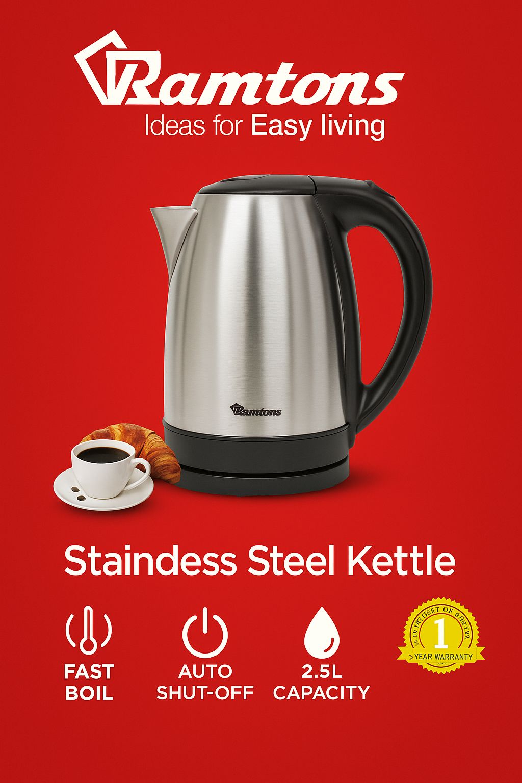 Ramtons 2.5L Stainless Steel Cordless Electric Kettle – Large Capacity, Fast Boil Technology, Auto Shut-Off & Boil-Dry Protection | Model RM/770 | 1-Year Warranty