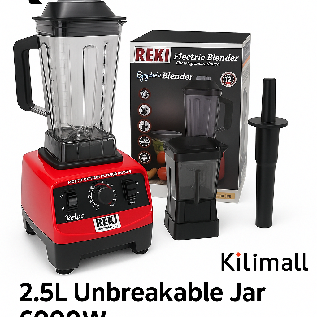 Reki 2-in-1 Commercial Blender 6000W – 2.5L Unbreakable Jar, 8 Stainless Steel Blades, Heavy-Duty High-Speed Motor, and Grinder Attachment – Professional Smoothie & Juice Maker