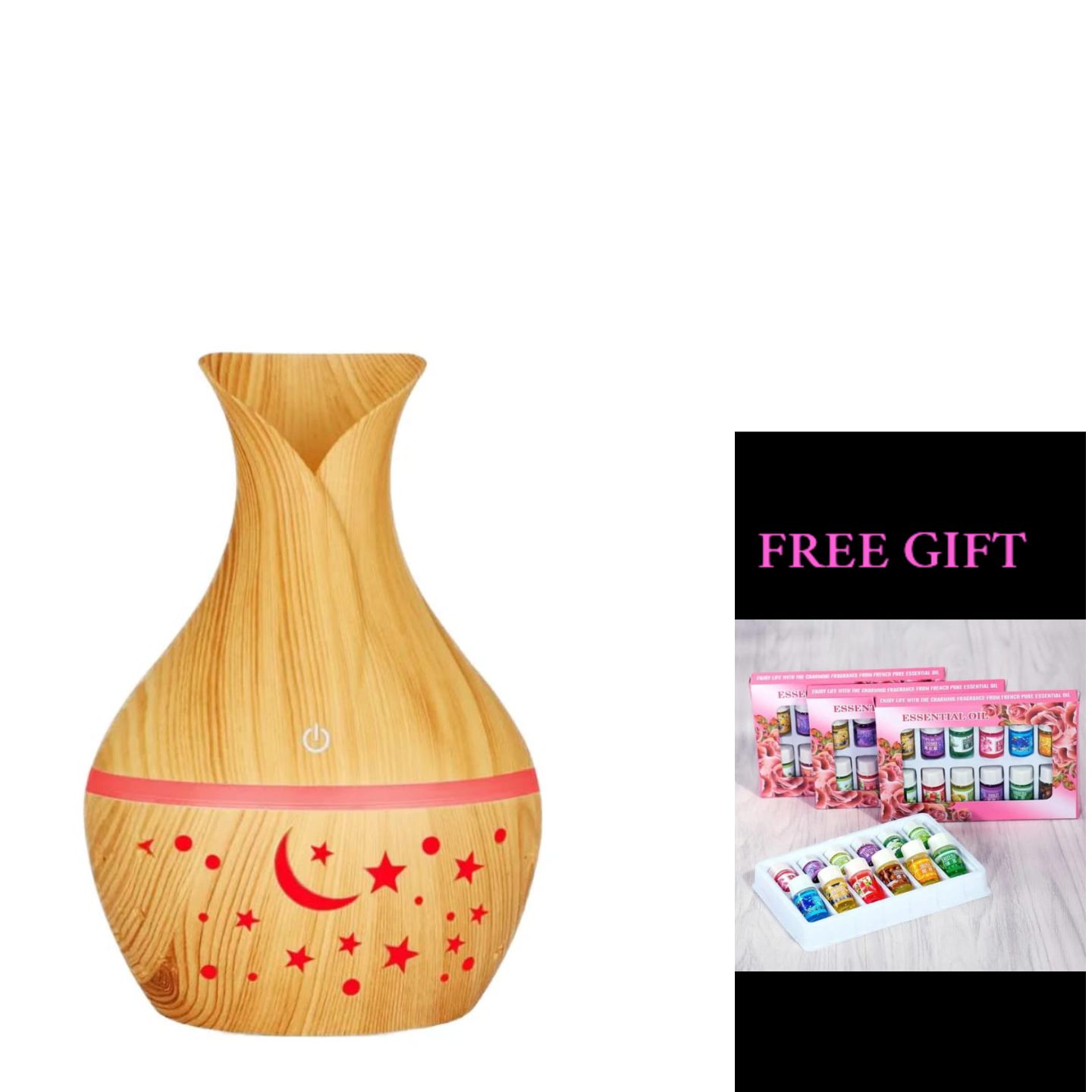 Aromatherapy wooden vase humidifier + FREE GIFT of 12pcs essential oils
colorful LED lights