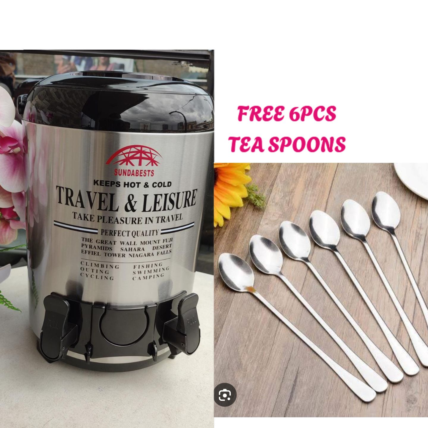 SUNDABESTS Stainless Steel Portable Water Catering Coffee/Tea Urn-9.5l + FREE GIFT (6PCS Long Tea Spoons) Food Flask 9.5 L Tea Urn🔥Convenient for both HOT or COLD drinks