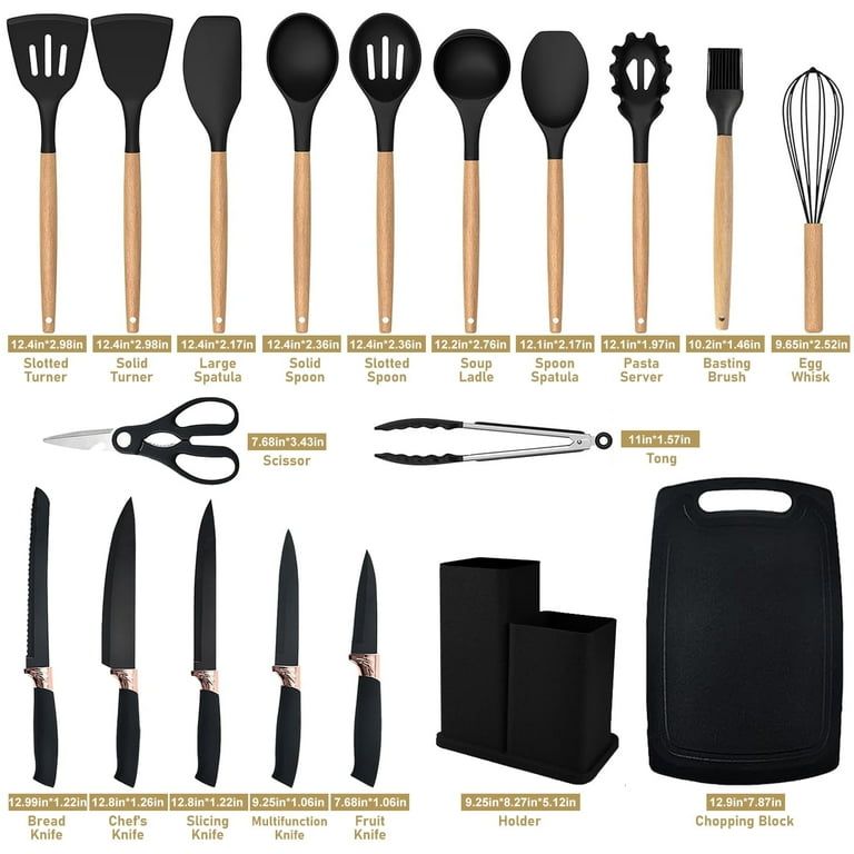 (PRICE DROP) 19Pcs Kitchen Utensils Set with Holder, Large Silicone Cooking Utensils Set for Nonstick Cookware. Wooden Handle Spatulas. Silicone Heat Resistant Kitchen Gadgets Utensil Sets