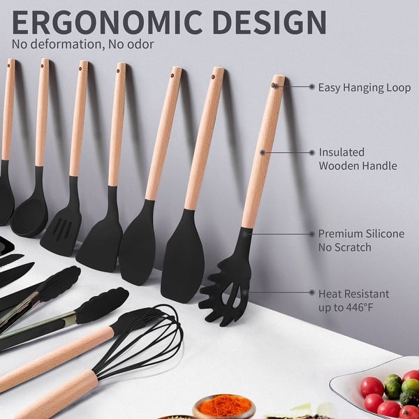 (PRICE DROP) 19Pcs Kitchen Utensils Set with Holder, Large Silicone Cooking Utensils Set for Nonstick Cookware. Wooden Handle Spatulas. Silicone Heat Resistant Kitchen Gadgets Utensil Sets