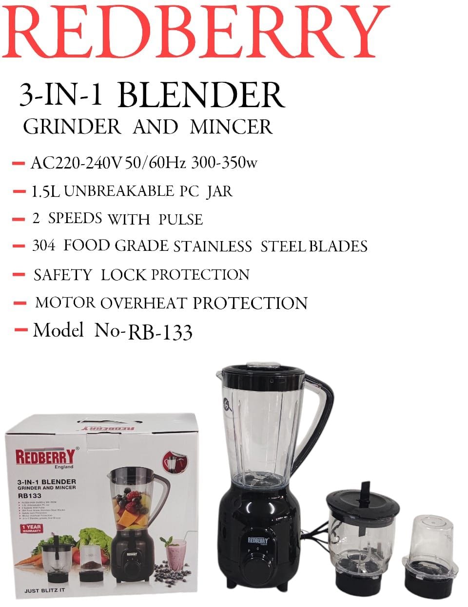 Redberry 3 in 1 Electric Blender with Grinder & Chopper – Perfect for Smoothies & Spices