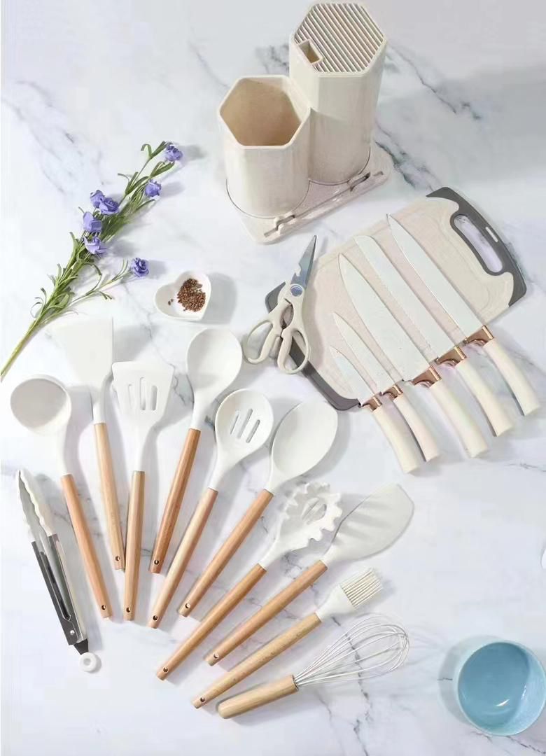 (PRICE DROP) 19Pcs Kitchen Utensils Set with Holder, Large Silicone Cooking Utensils Set for Nonstick Cookware Wooden Handle Spatulas Silicone Heat Resistant Kitchen Gadgets Utensil Sets