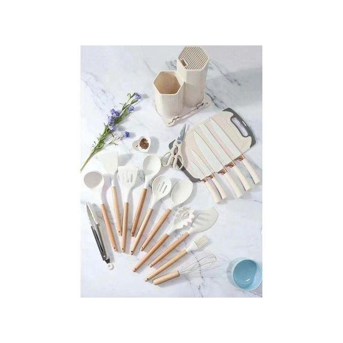 (PRICE DROP) 19Pcs Kitchen Utensils Set with Holder, Large Silicone Cooking Utensils Set for Nonstick Cookware Wooden Handle Spatulas Silicone Heat Resistant Kitchen Gadgets Utensil Sets