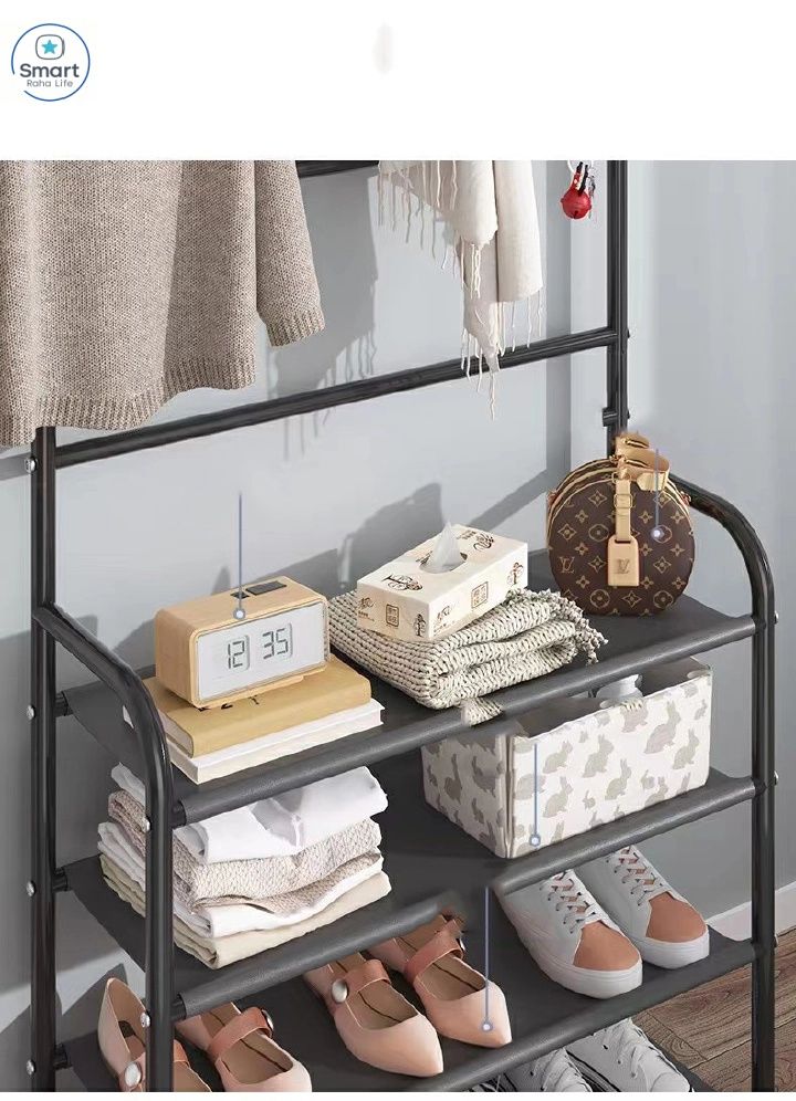【Promotion】RahaLife 5-Layer Multifunctional Storage Rack Shoe Rack + Coat & Hat Hanger Space Saving Organizer for Bedroom, Living Room, Bathroom & Hallway Easy Assemble Household Shelf