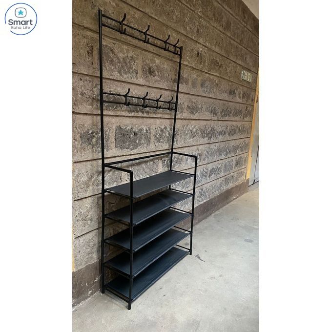 【Promotion】RahaLife 5-Layer Multifunctional Storage Rack Shoe Rack + Coat & Hat Hanger Space Saving Organizer for Bedroom, Living Room, Bathroom & Hallway Easy Assemble Household Shelf