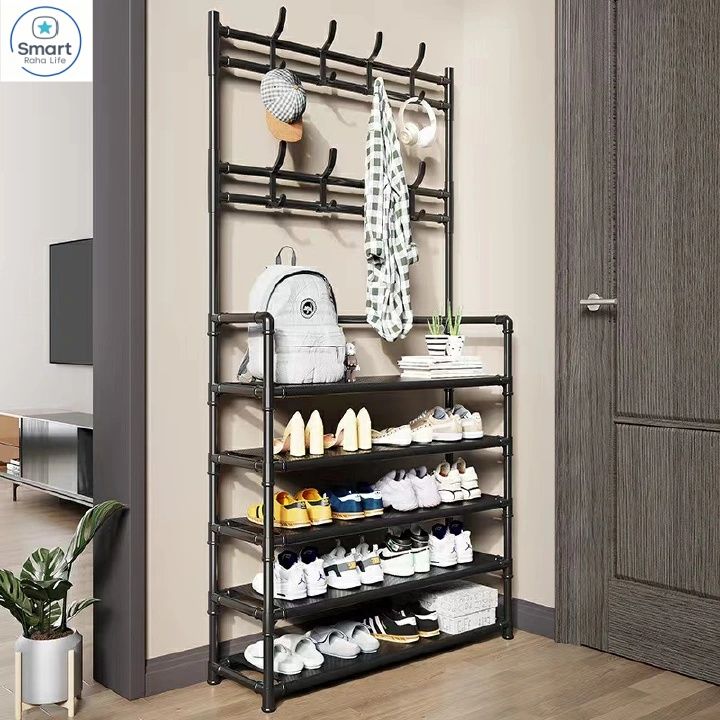 【Promotion】RahaLife 5-Layer Multifunctional Storage Rack Shoe Rack + Coat & Hat Hanger Space Saving Organizer for Bedroom, Living Room, Bathroom & Hallway Easy Assemble Household Shelf