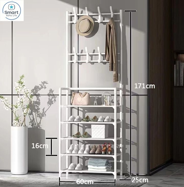 【Promotion】RahaLife 5-Layer Multifunctional Storage Rack Shoe Rack + Coat & Hat Hanger Space Saving Organizer for Bedroom, Living Room, Bathroom & Hallway Easy Assemble Household Shelf