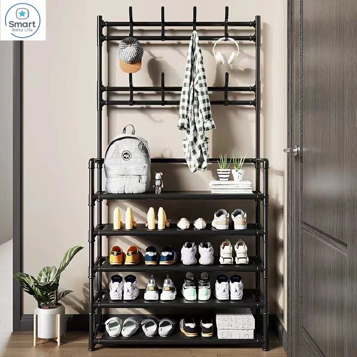 【Promotion】RahaLife 5-Layer Multifunctional Storage Rack Shoe Rack + Coat & Hat Hanger Space Saving Organizer for Bedroom, Living Room, Bathroom & Hallway Easy Assemble Household Shelf