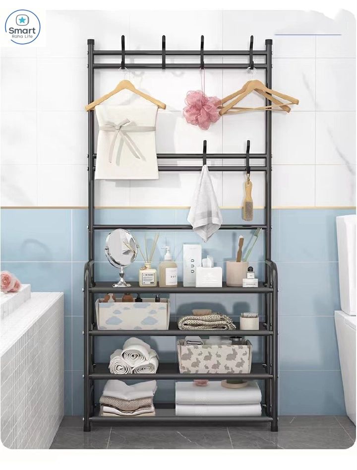 【Promotion】RahaLife 5-Layer Multifunctional Storage Rack Shoe Rack + Coat & Hat Hanger Space Saving Organizer for Bedroom, Living Room, Bathroom & Hallway Easy Assemble Household Shelf