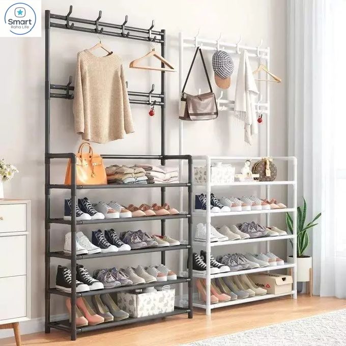 【Promotion】RahaLife 5-Layer Multifunctional Storage Rack Shoe Rack + Coat & Hat Hanger Space Saving Organizer for Bedroom, Living Room, Bathroom & Hallway Easy Assemble Household Shelf