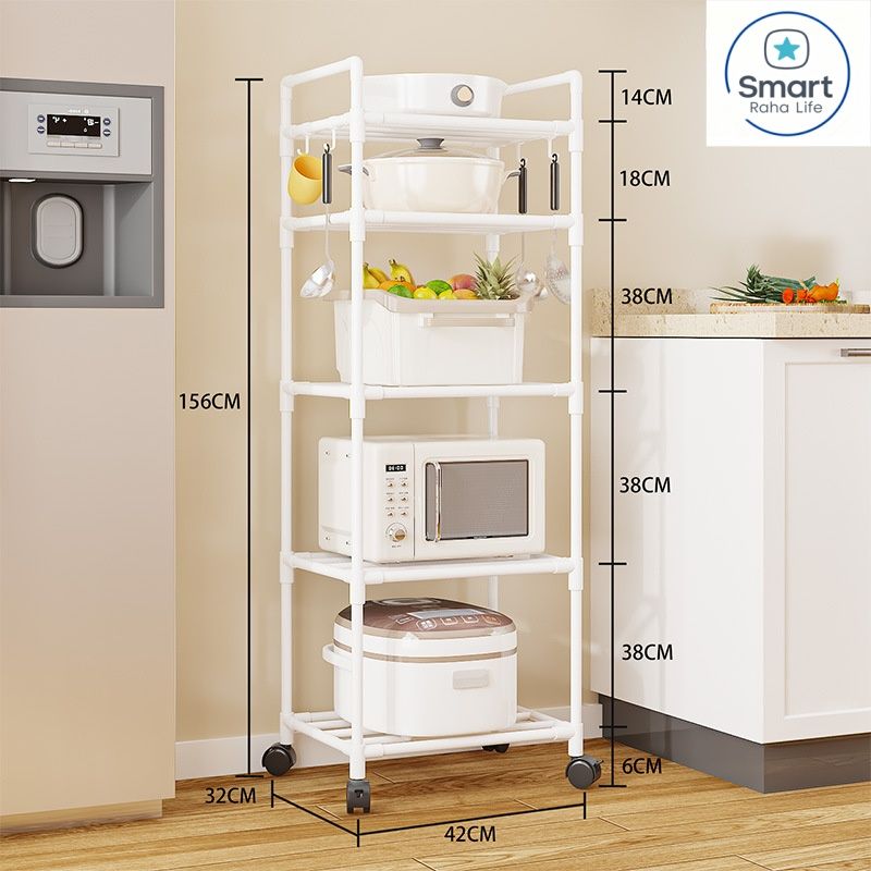 【Promotion】RahaLife Multifunctional Floor Standing Storage Rack Multi-Tier Kitchen Organizer for Microwave, Utensils Bathroom & Home Use | Sturdy Steel Shelf