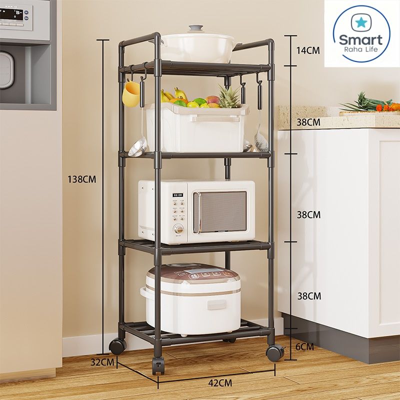 【Promotion】RahaLife Multifunctional Floor Standing Storage Rack Multi-Tier Kitchen Organizer for Microwave, Utensils Bathroom & Home Use | Sturdy Steel Shelf