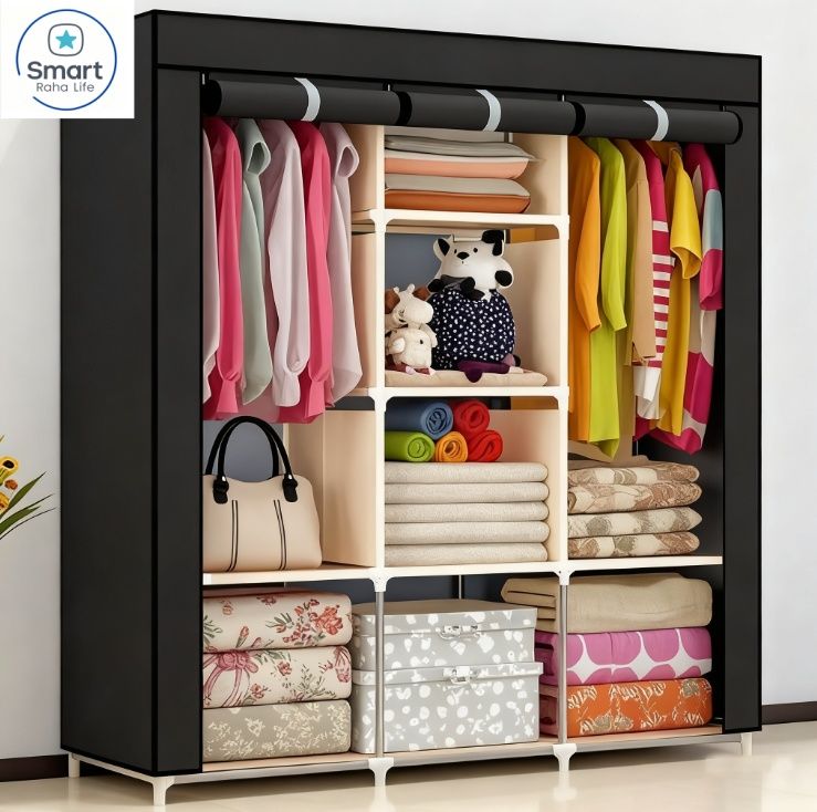 【Promotion】RahaLife 3 Columns Metallic Wardrobe Large Capacity Closet Organizer Assemble Storage Closet Portable Clothing Rack for Bedroom, Home, Dormitory Sturdy Steel Frame
