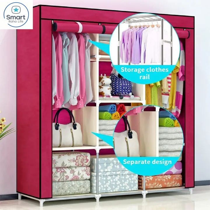 【Promotion】RahaLife 3 Columns Metallic Wardrobe Large Capacity Closet Organizer Assemble Storage Closet Portable Clothing Rack for Bedroom, Home, Dormitory Sturdy Steel Frame