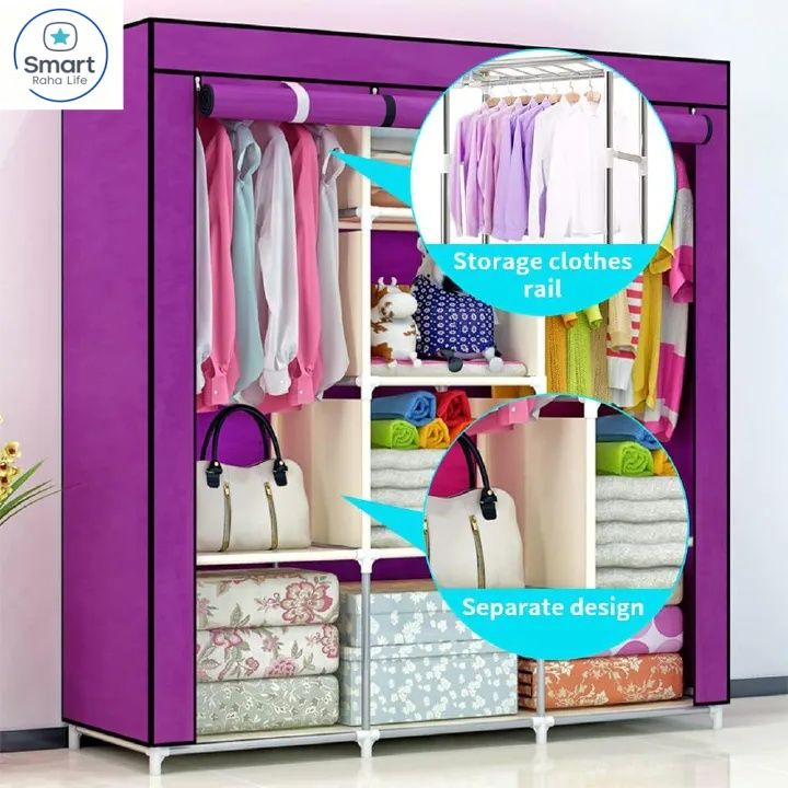 【Promotion】RahaLife 3 Columns Metallic Wardrobe Large Capacity Closet Organizer Assemble Storage Closet Portable Clothing Rack for Bedroom, Home, Dormitory Sturdy Steel Frame