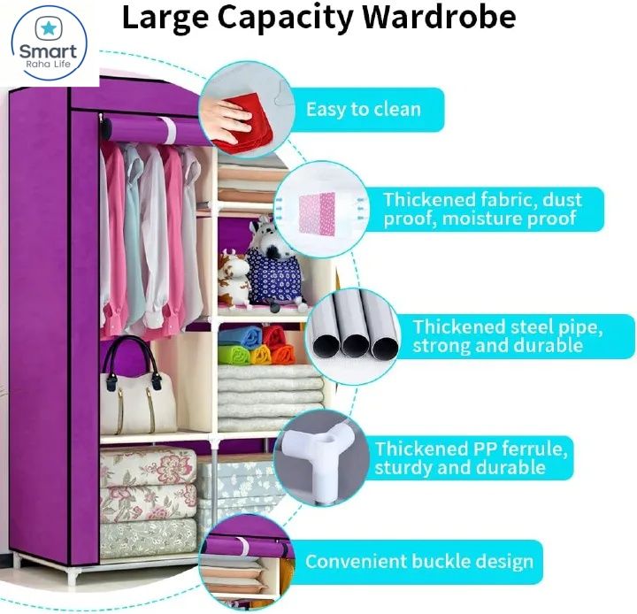 【Promotion】RahaLife 3 Columns Metallic Wardrobe Large Capacity Closet Organizer Assemble Storage Closet Portable Clothing Rack for Bedroom, Home, Dormitory Sturdy Steel Frame