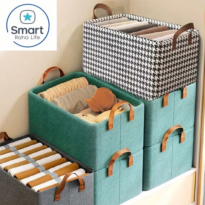 Smartrahalife Foldable Closet Organizer – Stackable Storage Baskets with Handles & Dustproof Lids, Steel Frame Shelf for Clothes & Toys, Space Saver Fabric Shelves, Easy Assemble Wardrobe Box