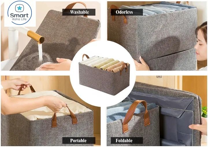 Smartrahalife Foldable Closet Organizer – Stackable Storage Baskets with Handles & Dustproof Lids, Steel Frame Shelf for Clothes & Toys, Space Saver Fabric Shelves, Easy Assemble Wardrobe Box
