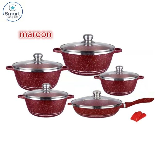 【Promotion 】RahaLife 12pcs Granite Non-Stick Sufuria Set Heavy Duty Aluminum Pots 20cm+24cm+28cm+32cm Pots +28cm Pan  5 Pots, 5 Lids, 2 Gloves Wheatstone Die-Coating Durable Kitchen Cookware