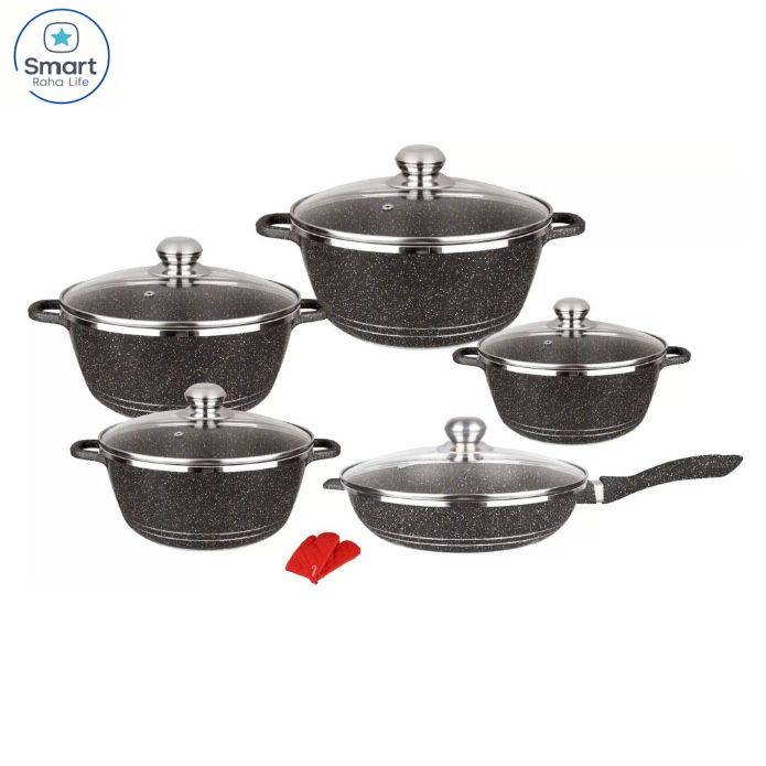 【Promotion 】RahaLife 12pcs Granite Non-Stick Sufuria Set Heavy Duty Aluminum Pots 20cm+24cm+28cm+32cm Pots +28cm Pan  5 Pots, 5 Lids, 2 Gloves Wheatstone Die-Coating Durable Kitchen Cookware