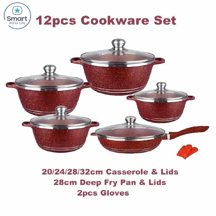 【Promotion 】RahaLife 12pcs Granite Non-Stick Sufuria Set Heavy Duty Aluminum Pots 20cm+24cm+28cm+32cm Pots +28cm Pan  5 Pots, 5 Lids, 2 Gloves Wheatstone Die-Coating Durable Kitchen Cookware