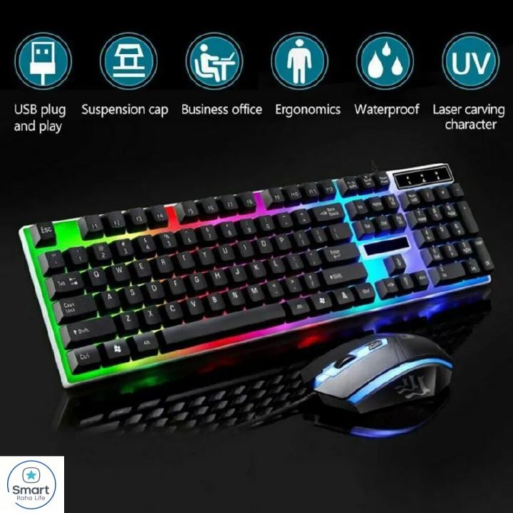 【Promotion】RahaLife Russian Keyboard and Mouse Combo Backlit Gaming Keyboard Wired USB Keyboard for PC/Laptop 7 Color RGB LED Light for Gamers, Typing Office Home Computer Use