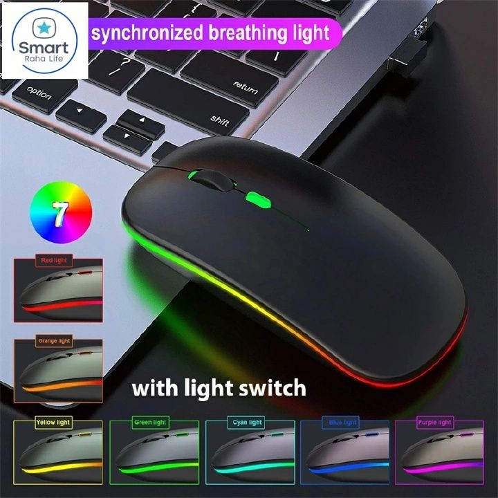 【Promotion】RahaLife Wireless Mouse, RGB Gaming Mouse, 2.4G Optical Mouse, Ergonomic Computer Mouse, Rechargeable Mouse for Laptop/PC/Chromebook, 6 Buttons, 1600DPI, Long Battery Life Mouse